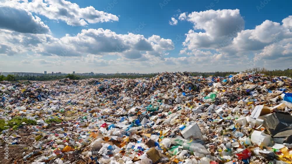 Landfill with scattered trash and plastic waste. Environmental pollution and natural damage concept. Waste management, recycling. Global environmental issue of waste disposal Landfill with scattered trash and plastic waste. Environmental pollution and natural damage concept. Waste management, recycling. Global environmental issue of waste disposal