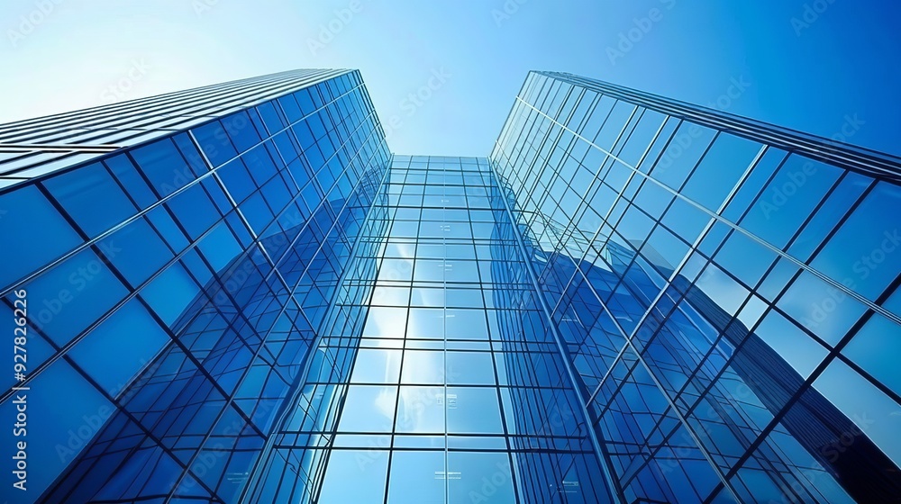 High quality photo of urban skyscrapers against clear blue sky, ideal for architecture enthusiasts High quality photo of urban skyscrapers against clear blue sky, ideal for architecture enthusiasts