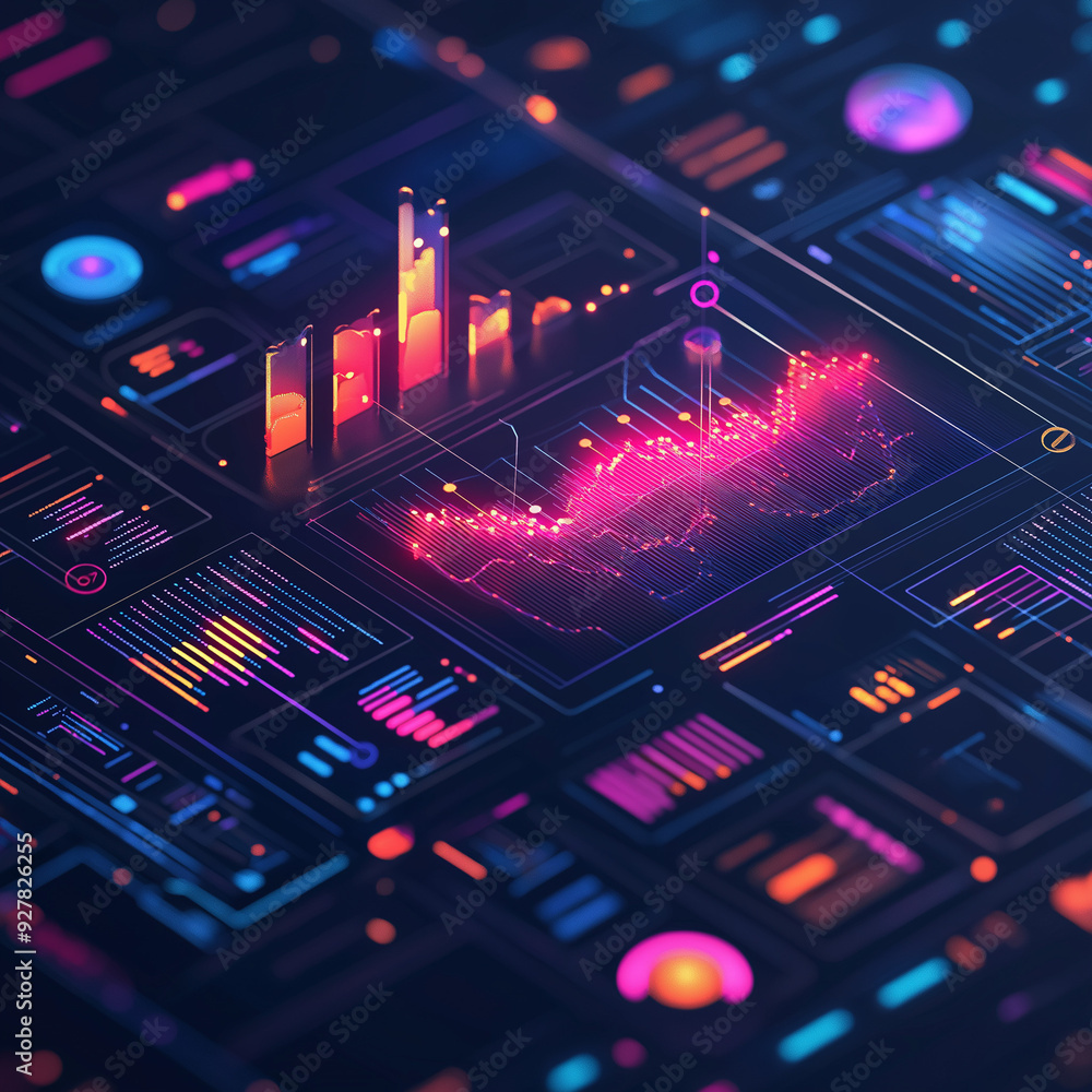 Obraz premium Futuristic Data Visualization Dashboard with Neon Charts and Graphs for Business Analytics