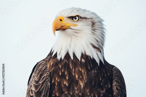 Portrait of a bald eagle, representing wildlife protection, strong and majestic pose, detailed plumage, natural lighting, focus on the eagle's face, selective focus