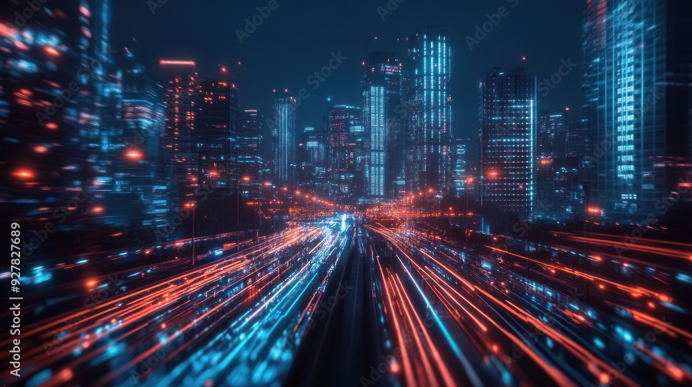 Neon Cityscape with Lights Trails Neon Cityscape with Lights Trails