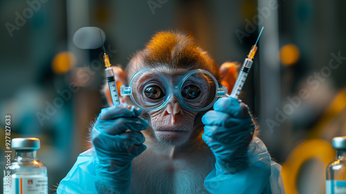 Monkey holding monkeypox vaccine in syringes. Monkeypox vaccination concept. photo