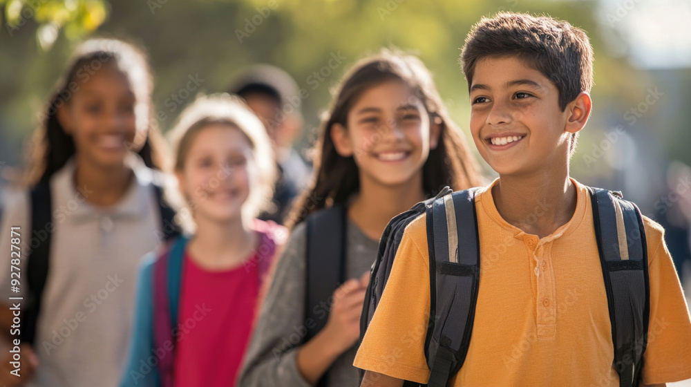A portrait of a group of students walking to school together. A portrait of a group of students walking to school together.