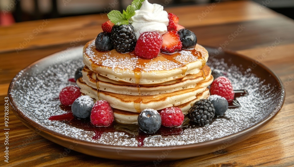 Pancakes with whipped cream, berries, and syrup. Pancakes with whipped cream, berries, and syrup.