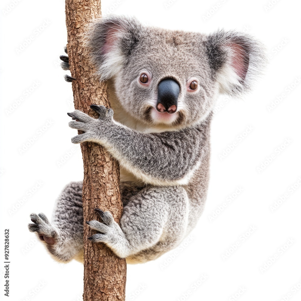 Naklejka premium A Close-Up Portrait of a Koala Clinging to a Tree Branch