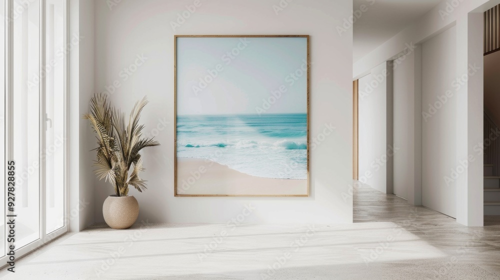 Fototapeta premium A beautiful large wall art displays the tranquil ocean waves meeting the sandy beach, enhancing the calm atmosphere of the interior room