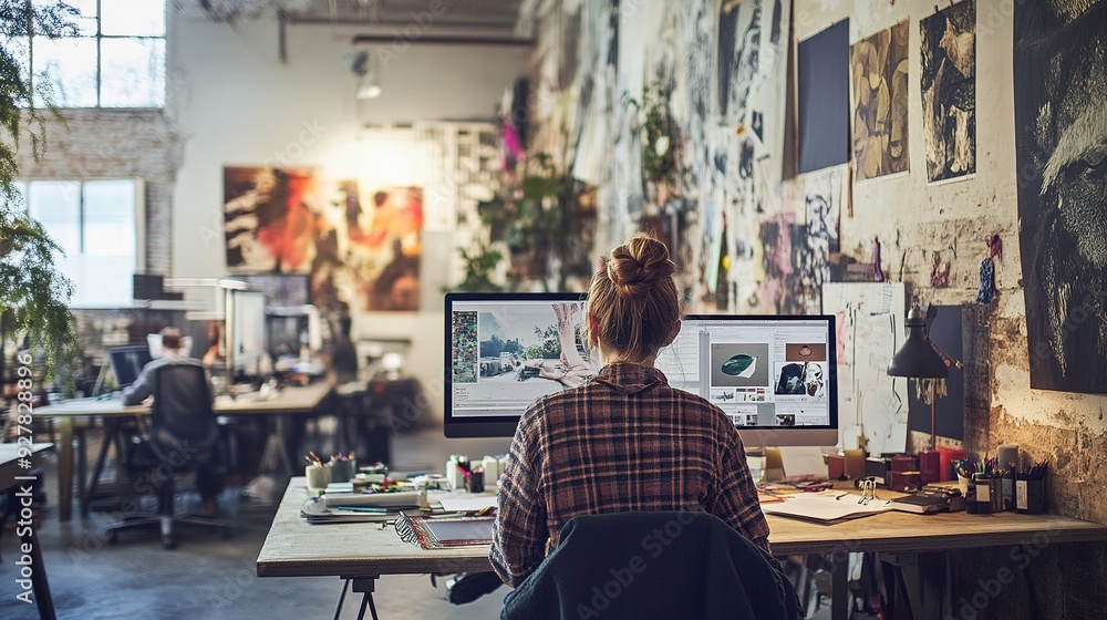 A creative agency's open-plan office with designers working on large monitors, surrounded by artistic decor and mood boards A creative agency's open-plan office with designers working on large monitors, surrounded by artistic decor and mood boards