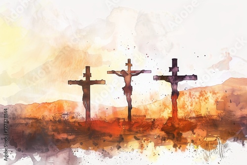 Watercolor Illustration of Jesus on the Cross with Three Crosses Behind. photo