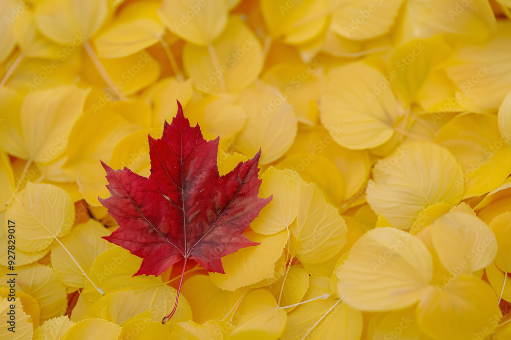 close up top view of red maple leaf on yellow autumn leaves background with copy space close up top view of red maple leaf on yellow autumn leaves background with copy space