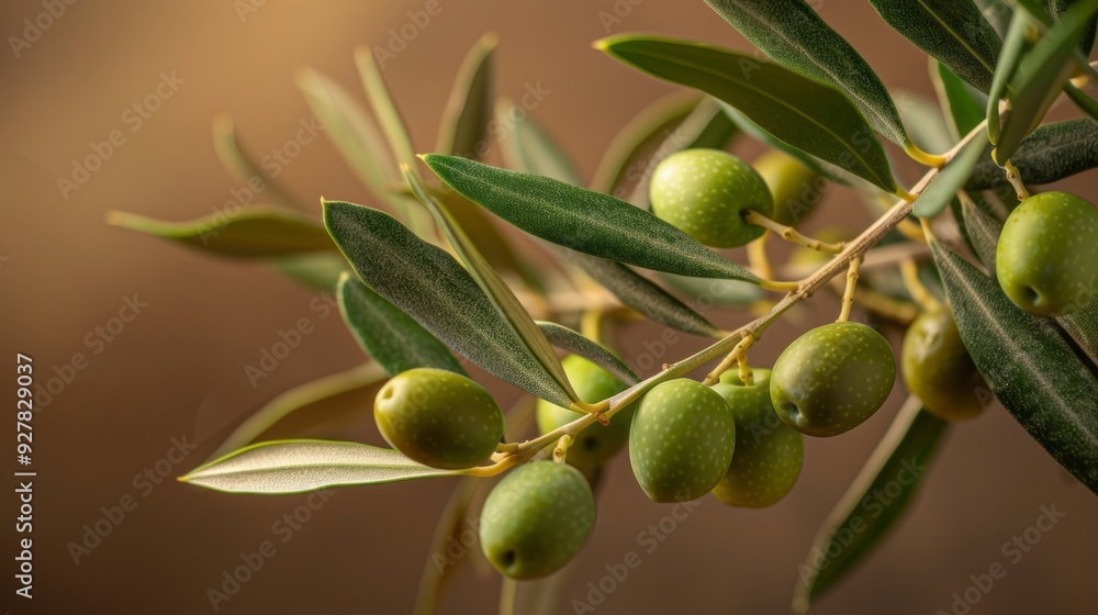Fototapeta premium The vibrant olive branch showcases numerous green olives against a softly blurred background
