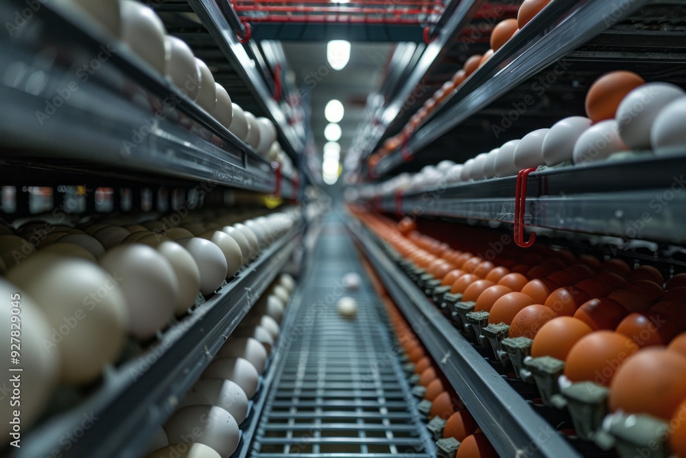 Obraz premium Automated egg collection system in a modern poultry farm during daylight