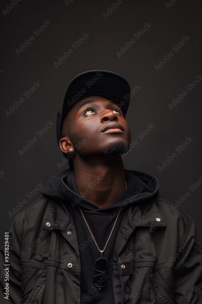 Young man looking upward in a contemplative pose against a dark background Young man looking upward in a contemplative pose against a dark background