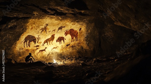 Cave paintings showcase ancient animals and human figures, revealing early artistic expression amid the flickering torchlight