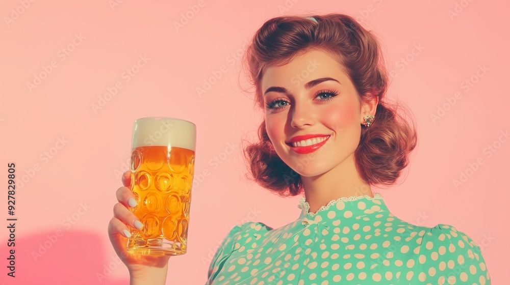 60s style pin up lady in traditional bavarian costume holding a glass of beer old camera style photo for Oktoberfest 60s style pin up lady in traditional bavarian costume holding a glass of beer old camera style photo for Oktoberfest