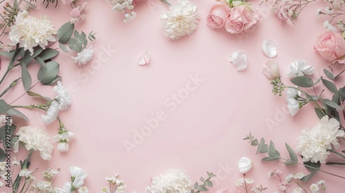 A delicate display of pastel roses, white chrysanthemums, and greenery creating a soft floral layout on a pink backdrop