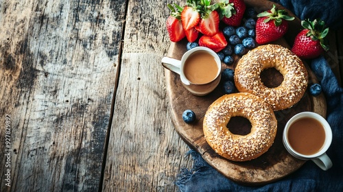 A cozy breakfast scene with a peanut butter and honey bagel, toasted to perfection and served with a side of fresh fruit, set on a rustic wooden table