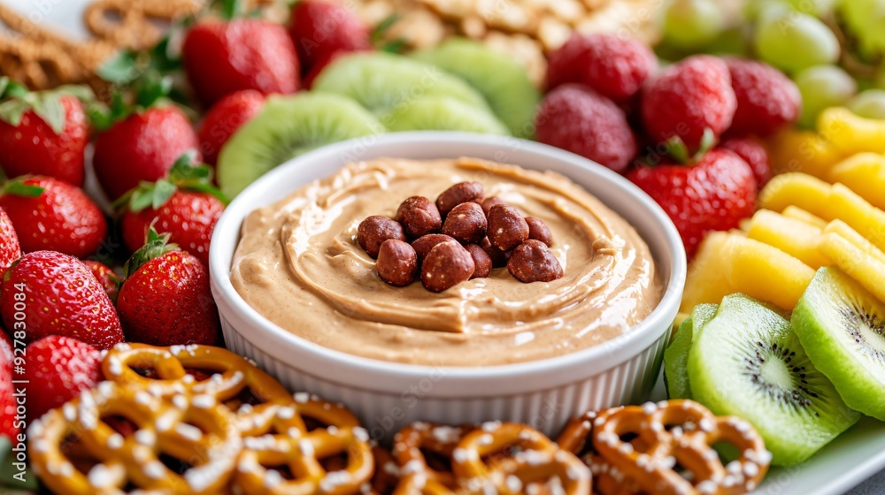 A creamy peanut butter dip served in a small ramekin, surrounded by freshly sliced fruits and pretzels, all arranged neatly on a white platter A creamy peanut butter dip served in a small ramekin, surrounded by freshly sliced fruits and pretzels, all arranged neatly on a white platter
