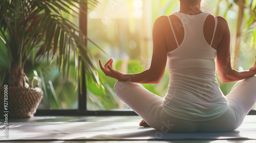 Wallpaper Mural A woman is sitting in a pool with her legs crossed and her arms resting on her lap. The scene is peaceful and serene, with the sun shining down on the woman and the water reflecting the light Torontodigital.ca