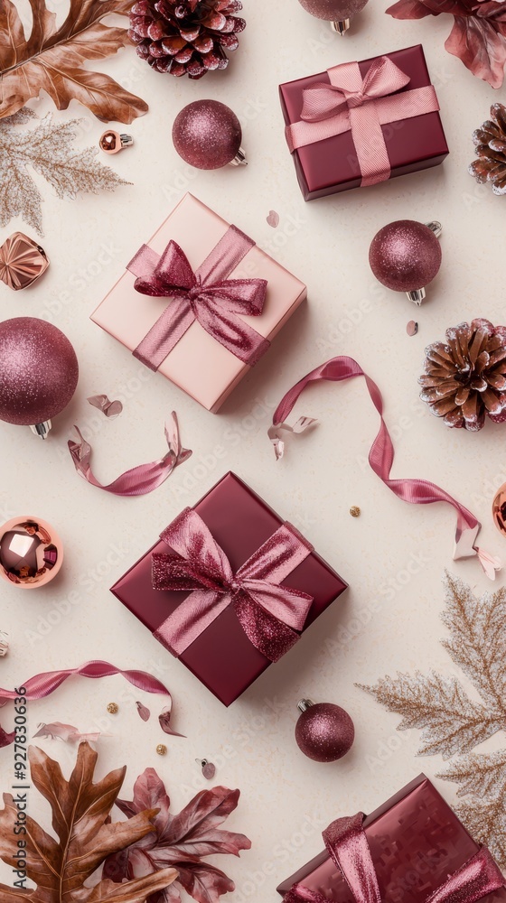 Fototapeta premium Festive Christmas Instagram story background with burgundy and pink gift boxes and metallic decorations