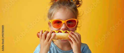 Little girl with orange sunglasses, enjoying a big hotdog against a matching background. Free copy space for text.