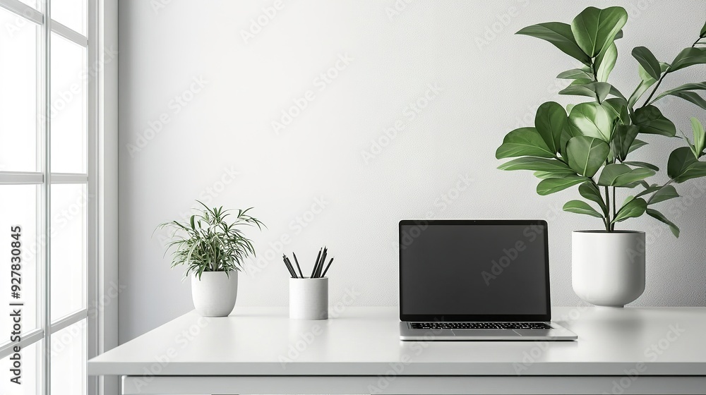 A minimalist office setup with a sleek desk, laptop, and potted plant, emphasizing a clean and clutter-free workspace A minimalist office setup with a sleek desk, laptop, and potted plant, emphasizing a clean and clutter-free workspace