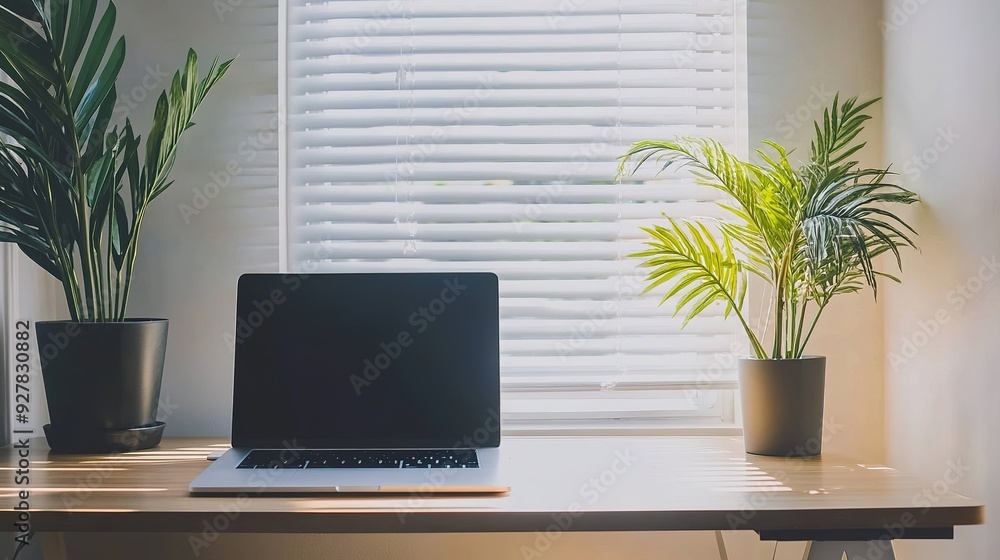 Fototapeta premium A minimalist office setup with a sleek desk, laptop, and potted plant, emphasizing a clean and clutter-free workspace