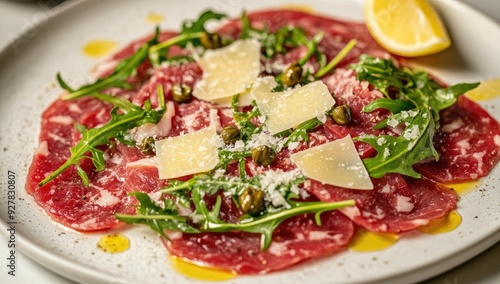 Beef carpaccio with parmesan, arugula, and capers.