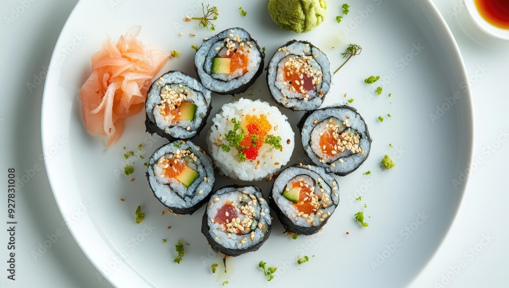 Sushi rolls with ginger and wasabi on a plate. Sushi rolls with ginger and wasabi on a plate.