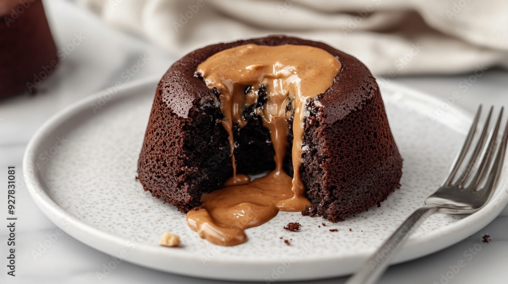 A decadent peanut butter-filled chocolate lava cake, with molten peanut butter oozing out as it’s cut, presented on a white ceramic plate with a fork beside it A decadent peanut butter-filled chocolate lava cake, with molten peanut butter oozing out as it’s cut, presented on a white ceramic plate with a fork beside it