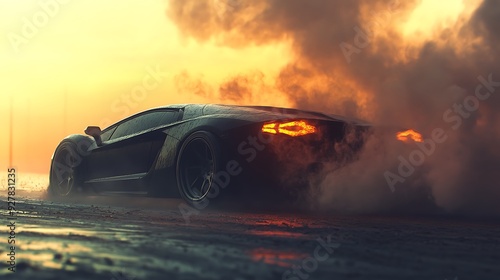 Black sports car with bright orange taillights driving through a cloud of smoke at sunset.