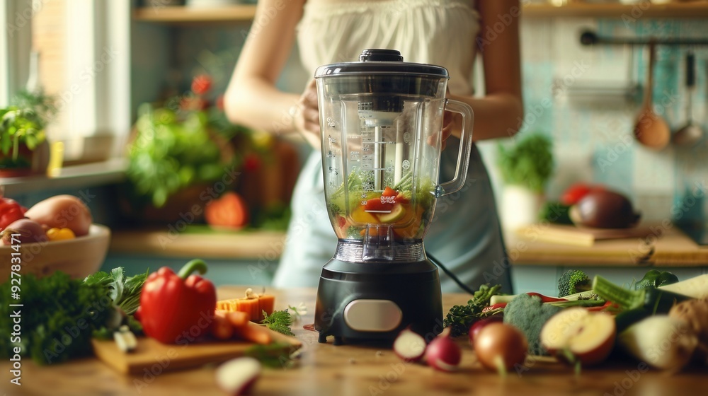 A female is making a healthy smoothie drink with a blender mixer in kitchen A female is making a healthy smoothie drink with a blender mixer in kitchen