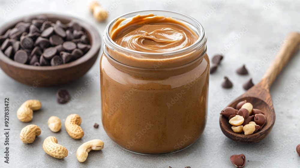 A jar of creamy peanut butter placed next to a small bowl of mixed nuts, with a scattering of chocolate chips and a rustic wooden spoon beside it A jar of creamy peanut butter placed next to a small bowl of mixed nuts, with a scattering of chocolate chips and a rustic wooden spoon beside it