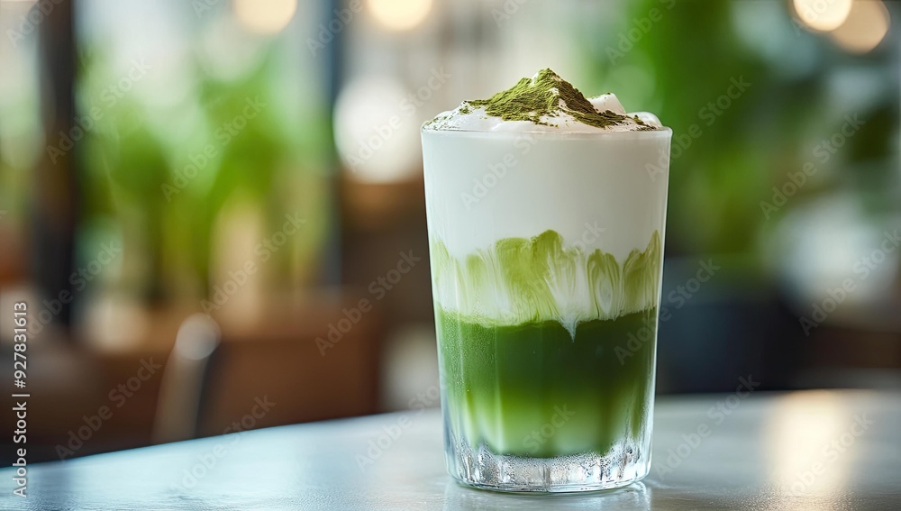 Green tea latte with matcha powder on top. Green tea latte with matcha powder on top.