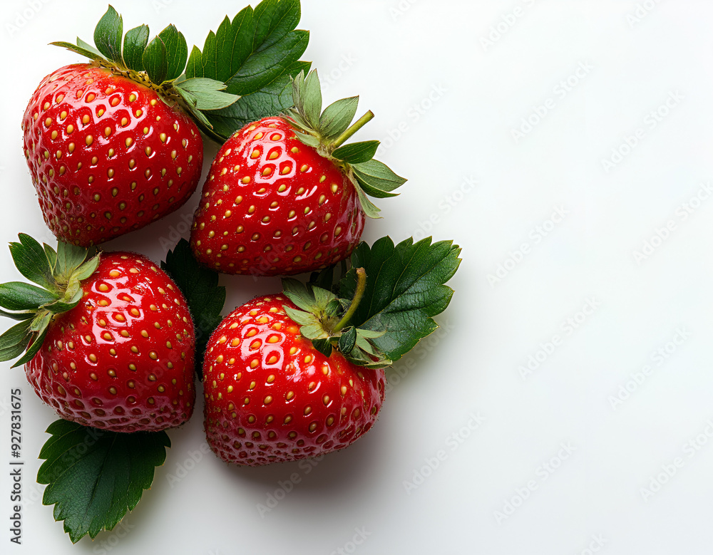 Strawberry fruit with leaves on a bright white background, featuring ample copy space for text, perfect for fresh and vibrant themes. Strawberry fruit with leaves on a bright white background, featuring ample copy space for text, perfect for fresh and vibrant themes.
