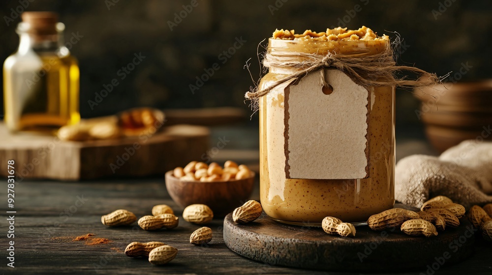 A jar of homemade peanut butter with a rustic label, surrounded by a scattering of roasted peanuts and a small bowl of peanut oil, set on a dark wooden surface with a cozy kitchen backdrop A jar of homemade peanut butter with a rustic label, surrounded by a scattering of roasted peanuts and a small bowl of peanut oil, set on a dark wooden surface with a cozy kitchen backdrop