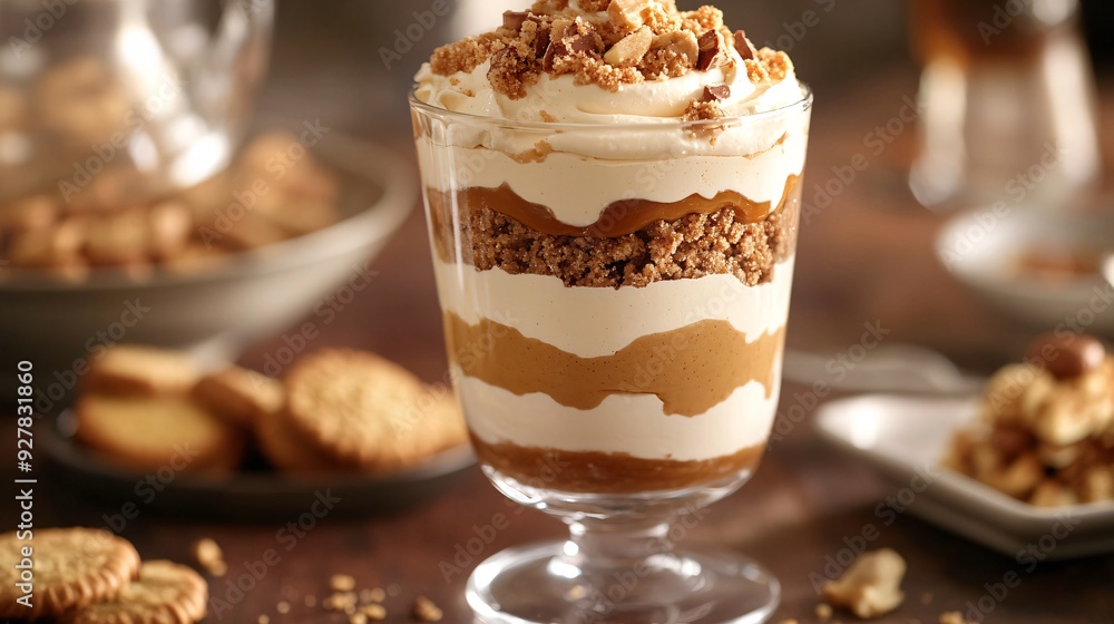 A luxurious peanut butter and caramel trifle, with layers of peanut butter mousse, caramel sauce, and crumbled cookies, served in a tall glass A luxurious peanut butter and caramel trifle, with layers of peanut butter mousse, caramel sauce, and crumbled cookies, served in a tall glass