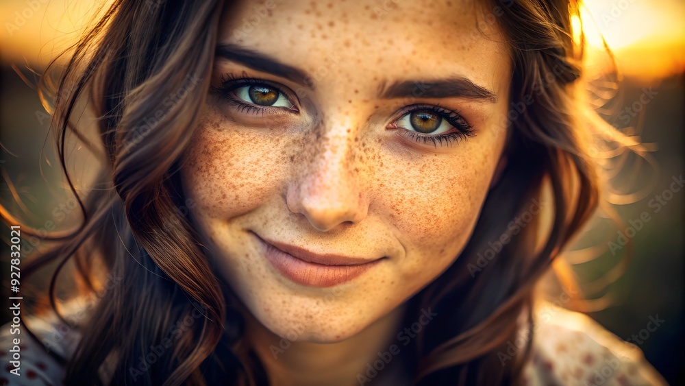 Close-up of a young woman with green eyes and freckles smiling softly in the golden hour light. The warm hues of the setting sun highlight her natural beauty and serene expression. Close-up of a young woman with green eyes and freckles smiling softly in the golden hour light. The warm hues of the setting sun highlight her natural beauty and serene expression.