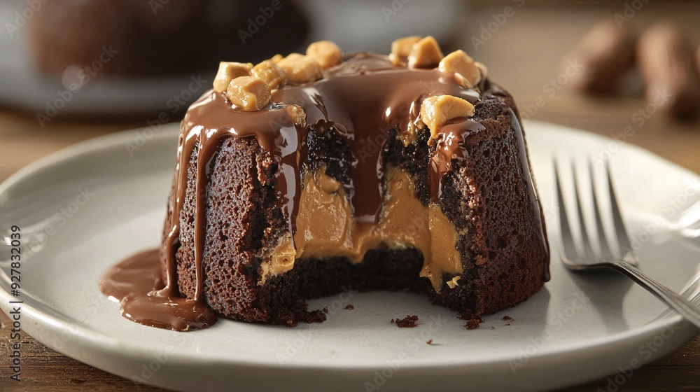 A luxurious peanut butter and chocolate lava cake, with molten peanut butter oozing out as it’s cut, presented on a white ceramic plate with a fork beside it A luxurious peanut butter and chocolate lava cake, with molten peanut butter oozing out as it’s cut, presented on a white ceramic plate with a fork beside it