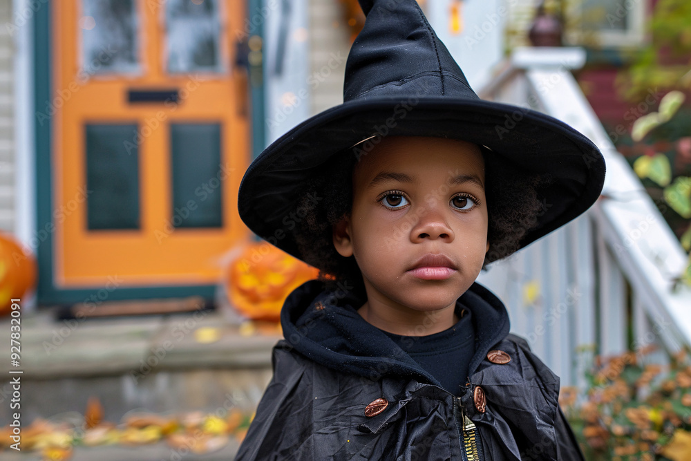 little handsome boy in halloween costume with black hat near house little handsome boy in halloween costume with black hat near house