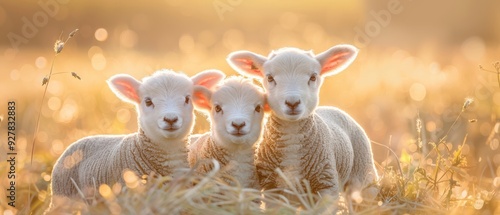 Curious young lambs standing in a sunny spring meadow, glowing in golden light.