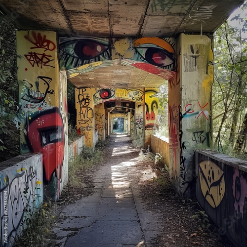 Long underpass with graffitti on walls in town Liptovsky Hradok, Slovakia  photo