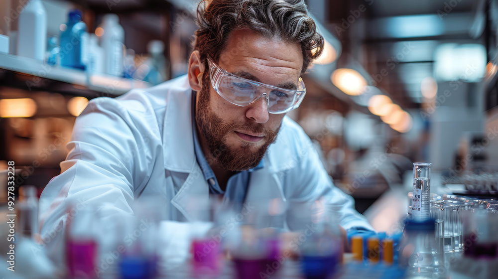 A scientist in a lab coat conducting an experiment, surrounded by modern laboratory equipment A scientist in a lab coat conducting an experiment, surrounded by modern laboratory equipment