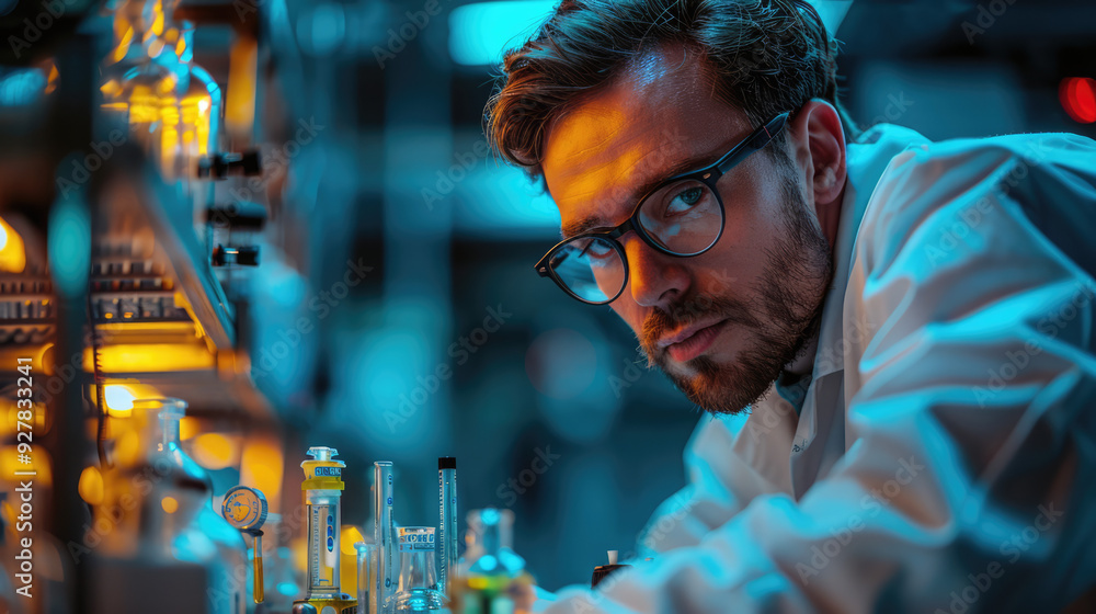 A scientist in a lab coat conducting an experiment, surrounded by modern laboratory equipment A scientist in a lab coat conducting an experiment, surrounded by modern laboratory equipment
