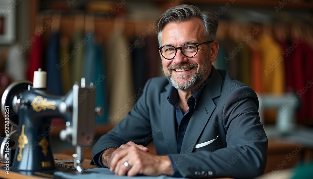A skilled tailor smiles while working on a suit, surrounded by fabrics and tools. His inviting expression and blurred background create a professional, trusting atmosphere.
A skilled tailor smiles while working on a suit, surrounded by fabrics and tools. His inviting expression and blurred background create a professional, trusting atmosphere.