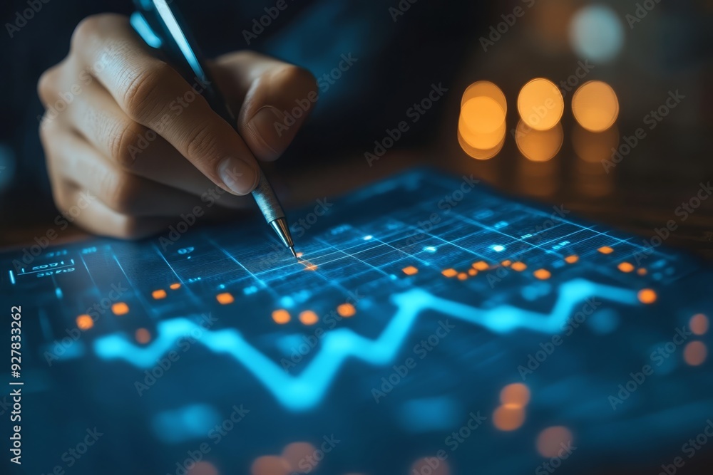 Business professional analyzing financial data and growth trends with a digital graph Business professional analyzing financial data and growth trends with a digital graph
