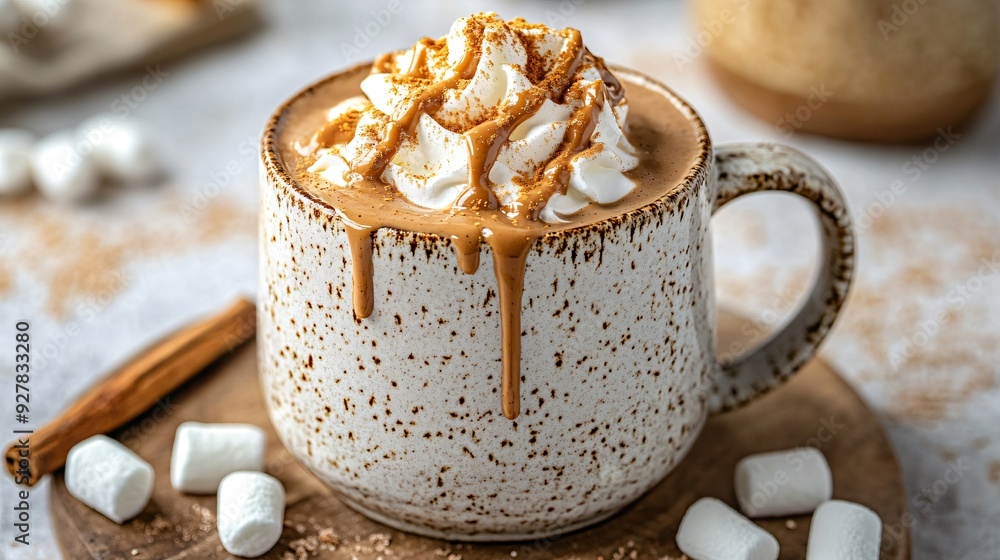A rich peanut butter hot chocolate in a ceramic mug, topped with whipped cream and a drizzle of melted peanut butter, surrounded by small marshmallows and a cinnamon stick A rich peanut butter hot chocolate in a ceramic mug, topped with whipped cream and a drizzle of melted peanut butter, surrounded by small marshmallows and a cinnamon stick