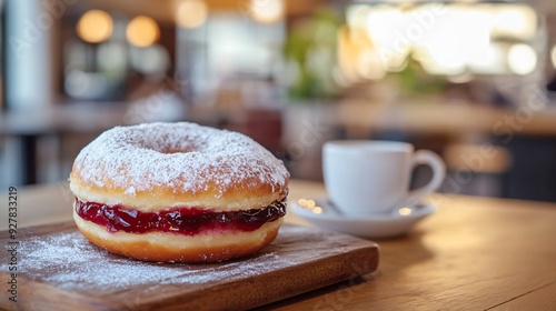 A rich peanut butter and jelly-filled doughnut, with powdered sugar on top, set on a wooden serving board with a cozy coffee shop backdrop photo