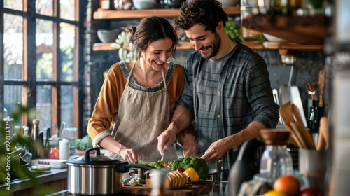 A man and a woman are cooking together in a kitchen. The man is wearing an apron and the woman is wearing a white shirt. They are making soup and there are several bowls and spoons on the counter