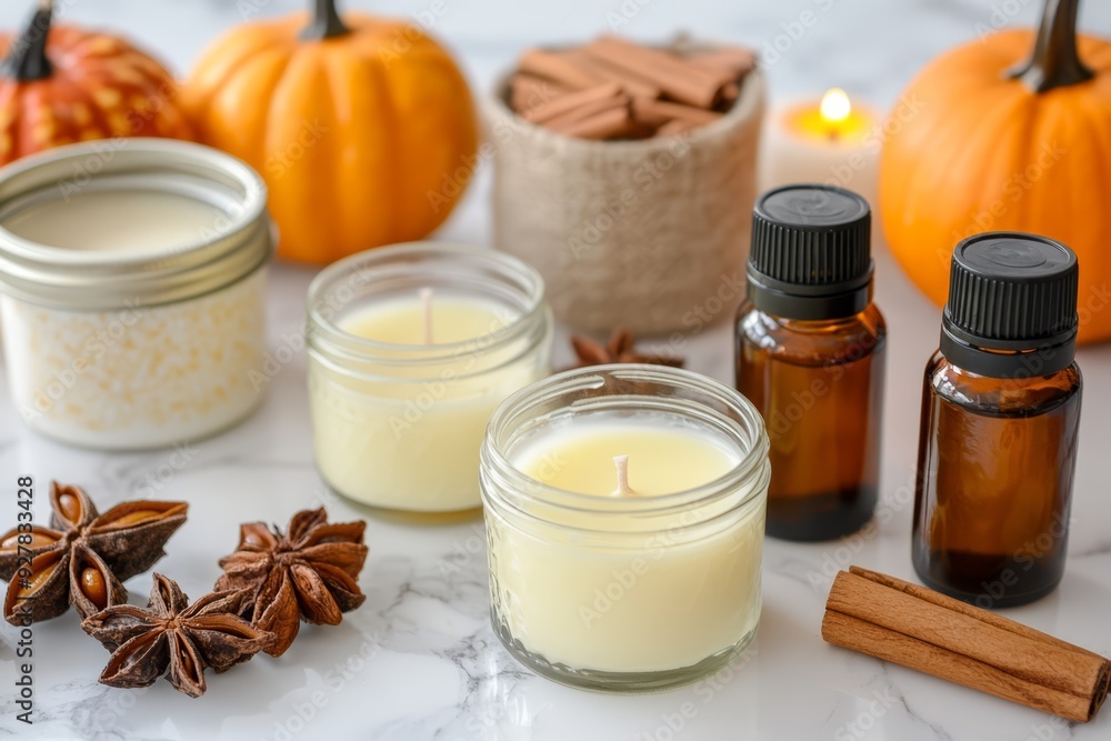 Autumn-themed candle making with spices and pumpkins on a table Autumn-themed candle making with spices and pumpkins on a table