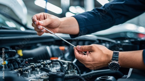 Close-up shot of a car mechanic checking the oil in the engine of a vehicle. Technician inspecting and maintaining the engine of a car. Mechanic inspecting car engine.